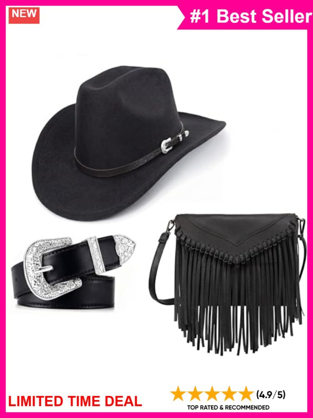 Western Cowgirl Felt Hat Faux Leather Fringe Purse Belt 3 Pc Set